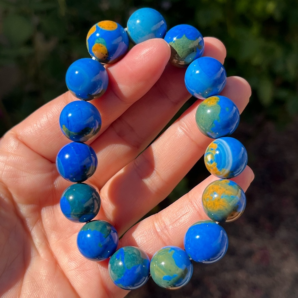 14mm stretchable blue earth pattern agate bracelet - Picture 12 of 13